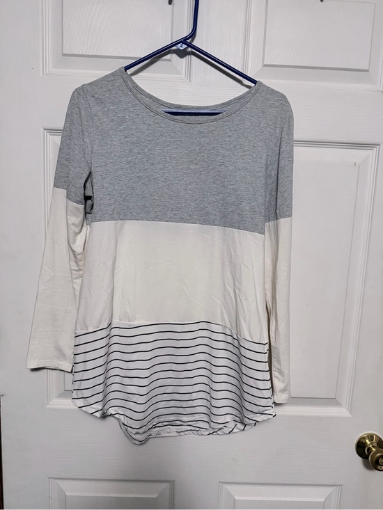 Amazon Tops - Amazon Grey and White Colorblock Long Sleeve Top with Striped Hem